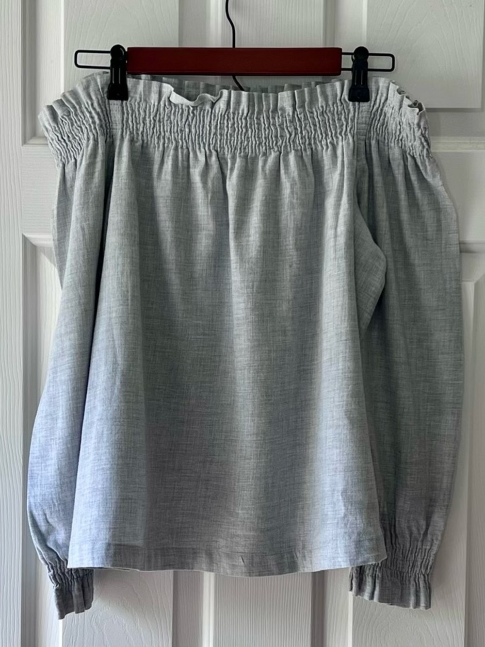 LOFT Light Gray Off-Shoulder Smocked Top 100% Cotton